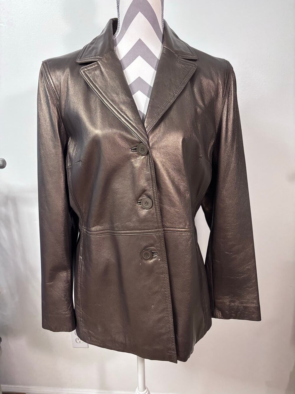 NINE WEST Metallic Bronze Leather Blazer Jacket Womens Y2K Large L 3-Button